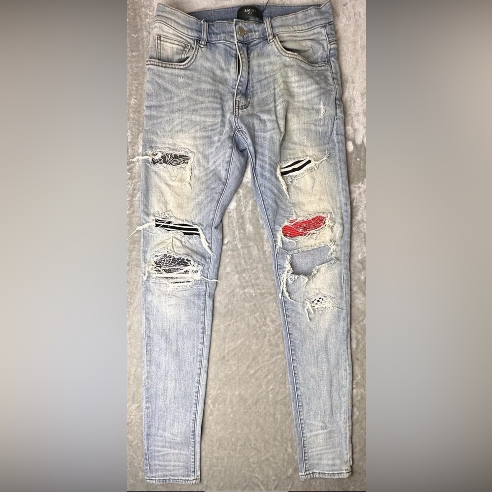 Amiri SUPER RARE Art Patch Denim Men’s Jeans Rosebowl Indigo Bandana Sz 30x33
